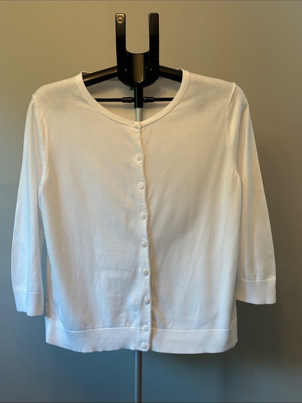 Talbots Classic White Cardigan Knit Sweater Size Large 3/4 Sleeve